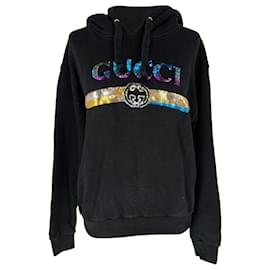 Gucci Kapuzenpullover mit Pailletten-Logo aus schwarzer Baumwolle