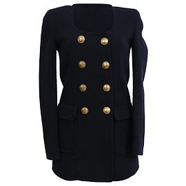 Saint Laurent Strickblazer mit U-Ausschnitt und Doppelreihung aus Virgin Wool in Navy Blue