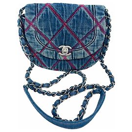 Mini borsa a tracolla Chanel Coco Beach in cotone blu