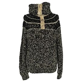 Chanel Strickpullover mit Goldakzenten, hochgeschlossen und Knöpfen aus schwarzer Wolle