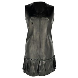 Vestido mini con flecos Yves Saint Laurent en cuero negro