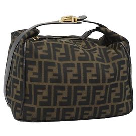 FENDI Zucca Canvas Vanity Hand Bag Black Brown Auth 192654