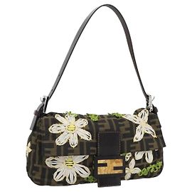 FENDI Zucca Canvas Flower Embroidery Mamma Baguette Marrone Argento Auth yk20688SM