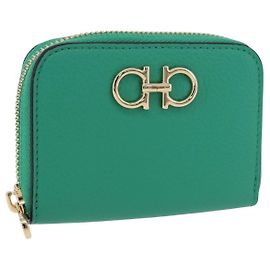 Salvatore Ferragamo Gancini Coin Purse Leather Green Gold Tone Auth BA14262M