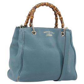 Borsa a Mano GUCCI Bamboo in Pelle 2way Blu Argento 336032 Auth ep15143