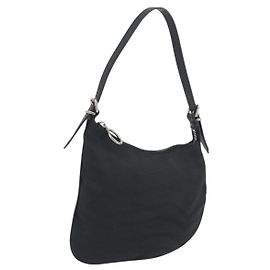 FENDI Zucchino Canvas Shoulder Bag Dark Brown Silver Auth 193139V