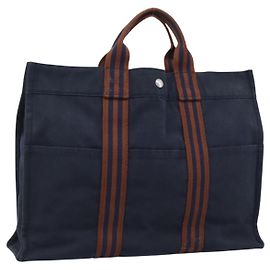 Hermès Bolso Fourre Tout MM HERMES de lona azul marino y plata Auth fm5406