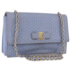 Borsa a Spalla Salvatore Ferragamo Vala Chain in Pelle Blu e Oro Autentica BA14158
