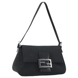 FENDI Zucchino Canvas Mamma Baguette Schultertasche Schwarz Silber Auth ki6734M