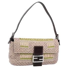 Borsa a tracolla FENDI Mamma Baguette in tela con perline beige argento Auth 189253SM