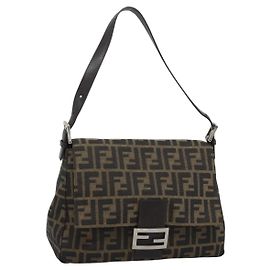 FENDI Zucca Canvas Mamma Baguette Borsa a Spalla Marrone Nero Auth 193847V