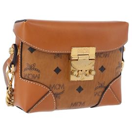 Borsa a tracolla MCM Vicetos in PVC e pelle marrone con dettagli dorati Auth ka5379