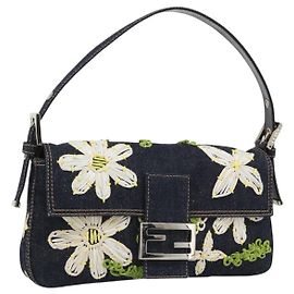 FENDI Borsa a Spalla Mamma Baguette con Ricamo Floreale Denim Navy Auth yk20668SM