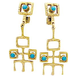 Brincos Vintage de ouro amarelo e turquesa cabochon. - Autre Marque