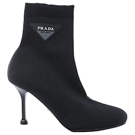 BOTAS TIPO CALCETÍN de cuero y tela con logotipo Triangle Prada, Negro, Talla EU 38