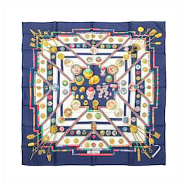Foulard in seta Hermès Carré 90 "Petite main" blu navy