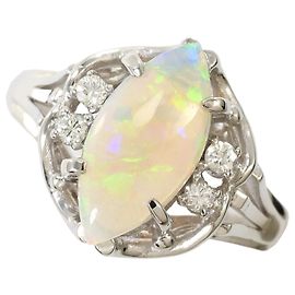 Autre Marque Anello a fascia in platino con opale e diamante