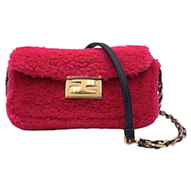 Fendi Mini borsa baguette a tracolla in nappa e shearling rosa fucsia