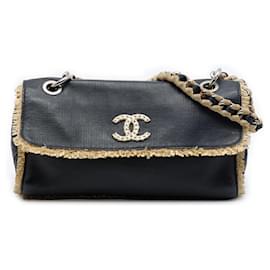 Chanel Black CC Raffia Fringe Trimmed Calfskin Chain Flap
