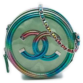 Clutch rotonda Chanel CC Filigree in PVC verde e agnello metallizzato con catena