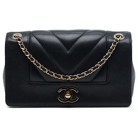 Chanel Black Mini Quilted Chevron Sheepskin Mademoiselle Vintage Flap