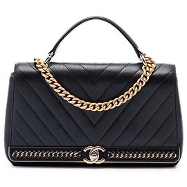 Chanel Black Chevron Sheepskin Stitched Chain Top Handle Flap