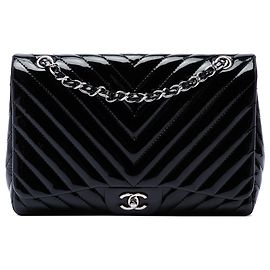 Chanel Black Jumbo Classic Chevron Patent Single Flap