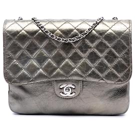 Chanel Gray Medium Metallic Crackled Calfskin Clams Pocket Flap