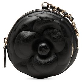 Chanel Black CC Lambskin Camellia Bouquet Round Coin Pouch