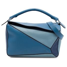 Borsa Satchel Puzzle in pelle di vitello tricolore blu Medium LOEWE
