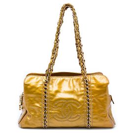 Chanel Gold Medium Crinkled Patent Luxe Ligne Tote