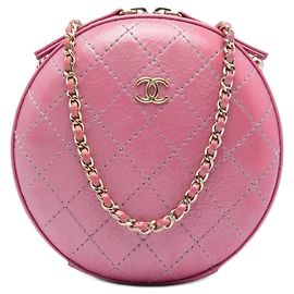 Chanel Borsa a tracolla rotonda in pelle di vitello con cuciture CC rosa e catena