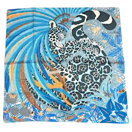 Hermès Foulard Jaguar Quetzal 90cm Seta Blu