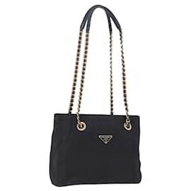 Borsa Tote a Spalla con Catena PRADA Nylon Nero Oro Auth 193554