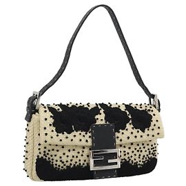 FENDI Celleria Flower Embroidery Straw Mamma Baguette 8BR101 Auth yk20689SM
