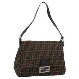 FENDI Zucca Canvas Mamma Baguette Shoulder Bag Black Brown Auth BA14103V