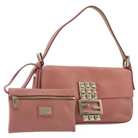 FENDI Studs Mamma Baguette Shoulder Bag Leather Pink Gold Tone Auth yk20664SAM
