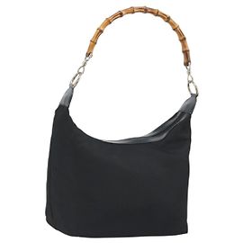 Borsa a Mano GUCCI Bamboo Nylon Nero Argento Autentica ep15413