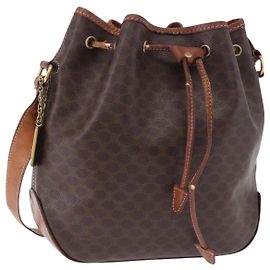 Céline Borsa a Spalla CELINE Macadam Canvas PVC Pelle Marrone Oro Auth BA14485