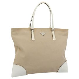 PRADA Tote Bag Canvas Beige Silber Auth BA14115