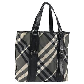Borsa Tote BURBERRY Nova Check in nylon nero argento Auth ep15157