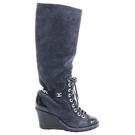 Chanel Wildleder x Lack Stiefel Lang Schwarz x Navy G27002, Größe 37 EU