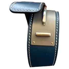 Hermès Blue Leather Cuff Bracelet with Silver Hardware
