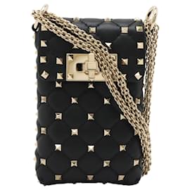Coque de téléphone bandoulière Valentino en peau d'agneau noire avec Rockstud Spike