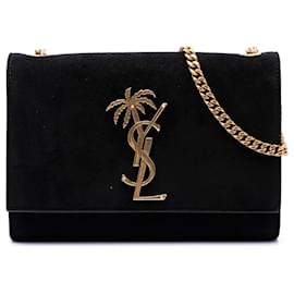 Saint Laurent Borsa a tracolla Kate Classic Monogram Palm Tree in scamosciato nero, Small