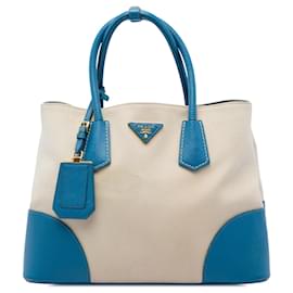 Prada Borsa Double in Tela Beige Medium con Bordi in Pelle Saffiano