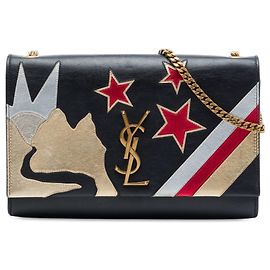 Saint Laurent Borsa a tracolla Kate Rockstar Patchwork Monogram in pelle liscia nera, misura Medium