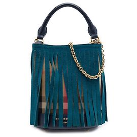Bolso bucket Burberry Beige Prorsum House Check de lona y ante con flecos