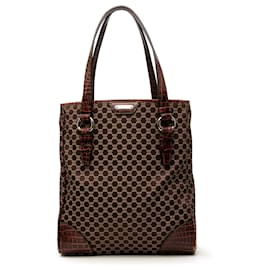Céline Tote in tela Macadam con bordatura in pelle con effetto coccodrillo marrone Celine