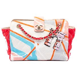 Bolsa de Ombro Chanel Beige CC em Lona Matelassada Estampada e Lantejoulas Arc De Triomphe